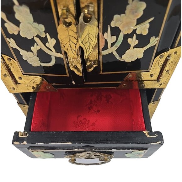 Vintage Asian Lacquer Jewelry Box Chest Brass Mother-of-Pearl Birds Flowers - Picture 7 of 15